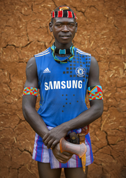 Bana Tribe Man With Chelsea Tshirt, Key Afer, Omo Valley, Ethiopia