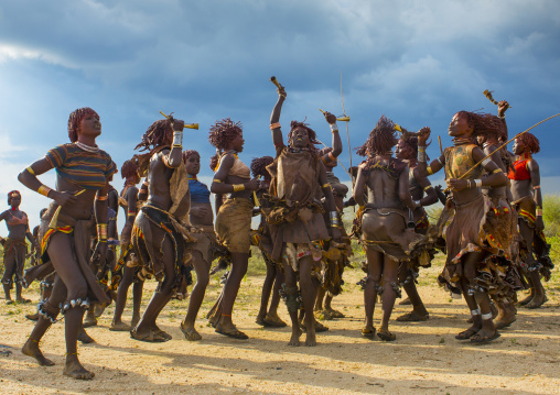 Hamar Tribe Women Dancing During Bull Jumping Ceremony, Turmi, Omo Valley, Ethiopia