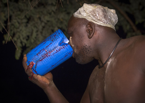 Bodi Tribe Fat Man Drinking Cow Blood, Hana Mursi, Omo Valley, Ethiopia