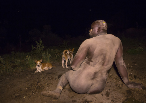 Bodi Tribe Fat Man Resting After Drinking Blood, Hana Mursi, Omo Valley, Ethiopia