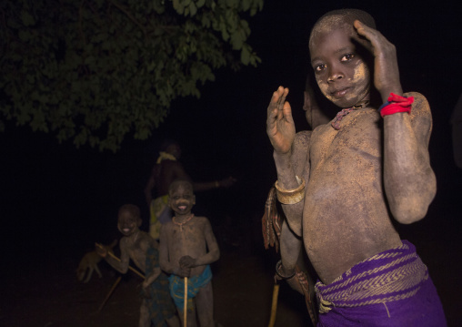 Bodi Tribe Children During Night Ceremony Of The Kael, Hana Mursi, Omo Valley, Ethiopia