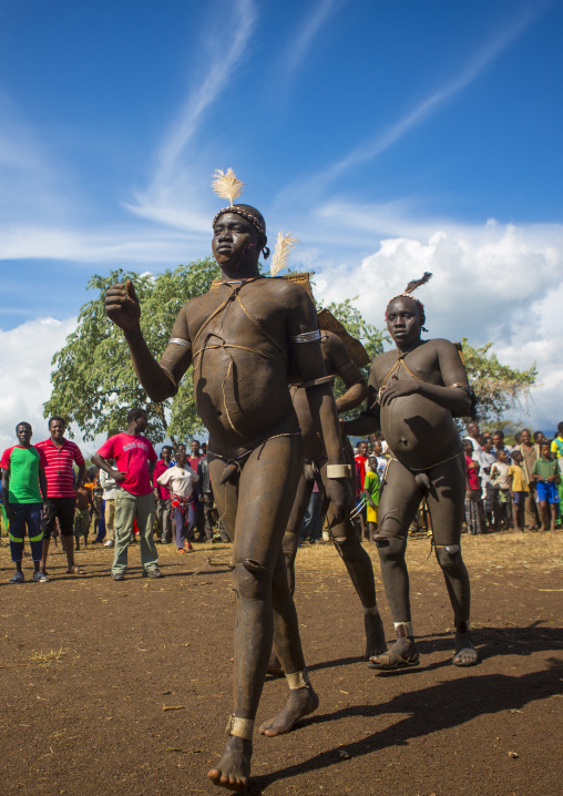 Bodi Tribe Fat Men Running During Kael Ceremony, Hana Mursi, Omo Valley, Ethiopia