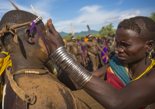 Bodi Tribe Woman Putting Water On The Face Of A Fat Man During Kael Ceremony, Hana Mursi, Omo Valley, Ethiopia