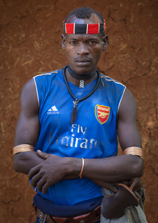 Hamer Tribe Man With A Chelsea Football Shirt, Turmi, Omo Valley, Ethiopia