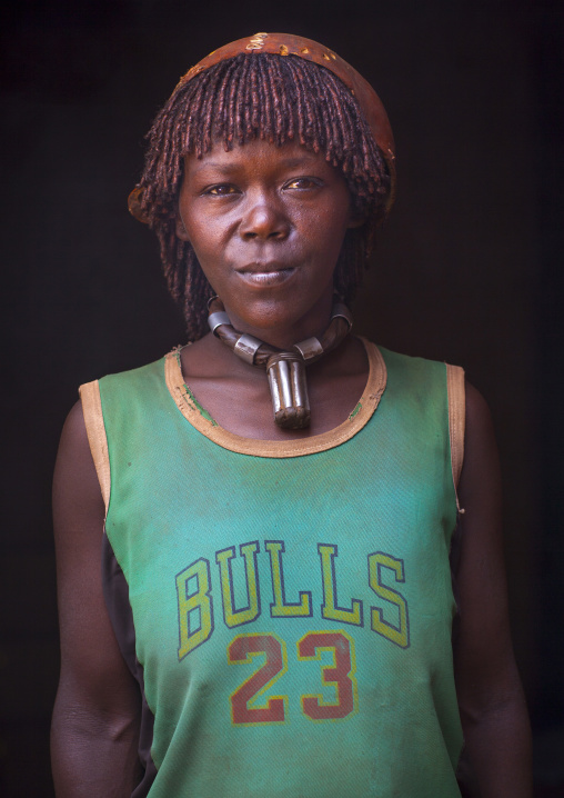 Bana Woman Wearing A Chicago Bulls Shirt, Key Afer, Omo Valley, Ethiopia