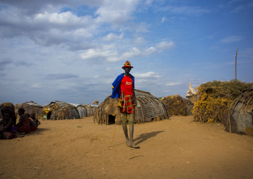 Dassanech Tribe Man Standing In Front Of His House, Omorate, Omo Valley, Ethiopia