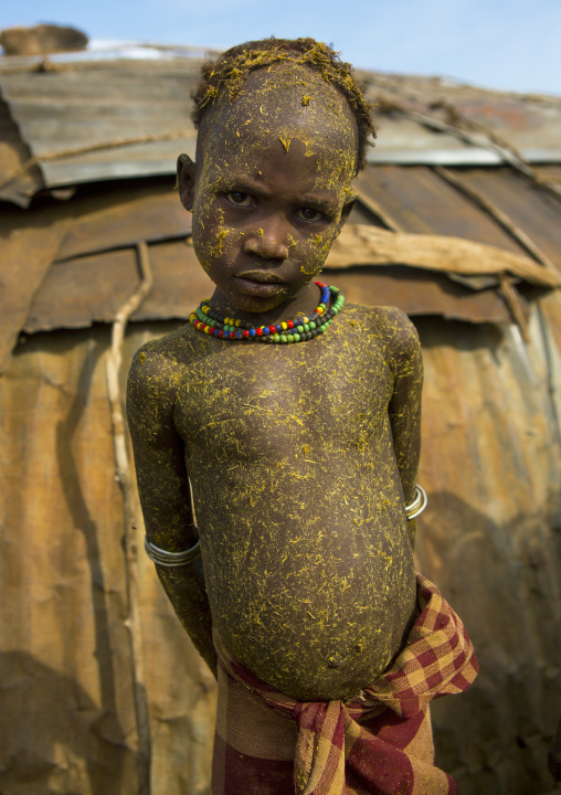 Dassanech Tribe Boy Covered Of Cow Dung For A Ceremony, Omorate, Omo Valley, Ethiopia