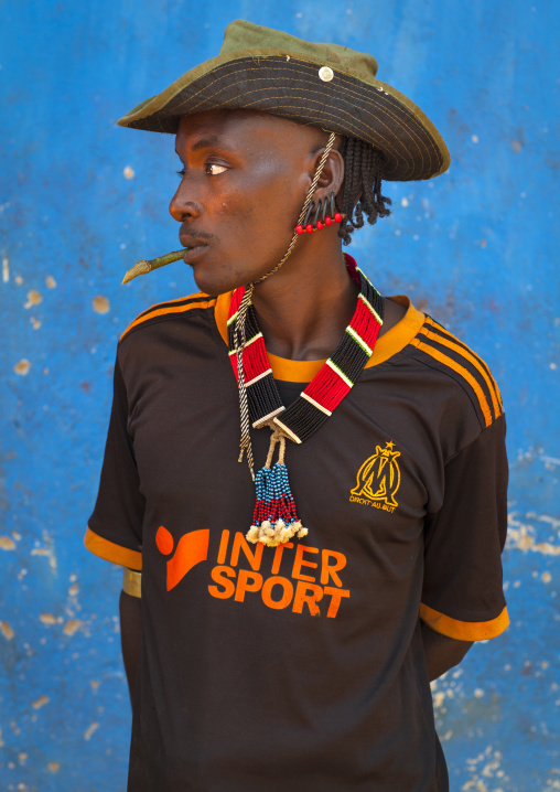 Hamer Tribe Man With A Marseille Football Shirt, Turmi, Omo Valley, Ethiopia