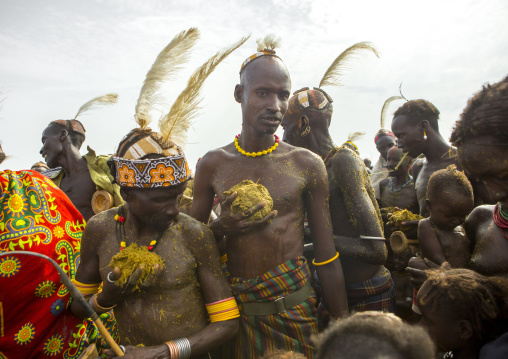 Dassanech Tribe People Putting Cow Dungs On Their Bodies For A Ceremony, Omorate, Omo Valley, Ethiopia