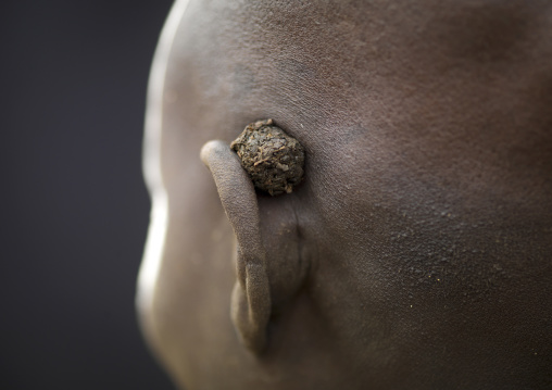 Karo Woman Shaved Head Detail Of Ear Carrying Piece Of Tobacco Ethiopia