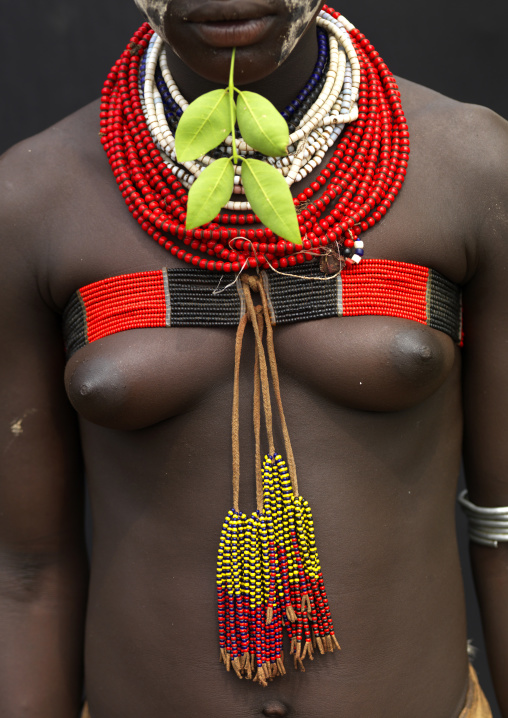 Karo Woman Breasts With Bra, Beaded Necklace And Pendant And Leaf In The Chin Ethiopia