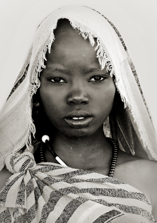 Beautiful And Draped Bodi Tribe Teenage Girl Portrait, Black And White Portrait, Omo Valley, Ethiopia