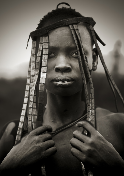 Headgear Mursi Tribe Woman With Expressive Look, Black And White Portrait, Omo Valley, Ethiopia
