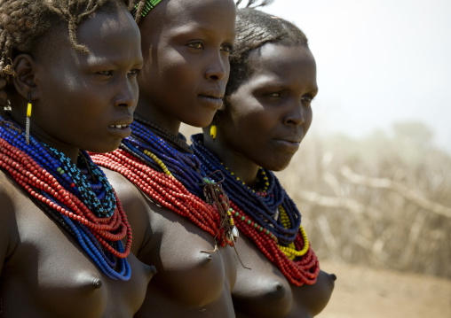 Portrait Of Three Dassanech Tribe Girls With Traditional Necklace And Hairstyle, Omorate, Omo Valley, Ethiopia
