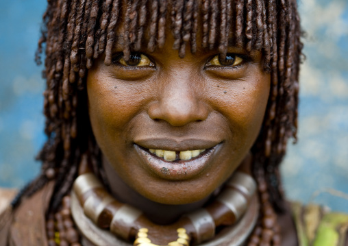 Hamar Tribe Woman With Toothy Smile And Tooth-gap, Traditional Stranded Hair Tied With Clay And Big Necklaces, Turmi, Omo Valley, Ethiopia