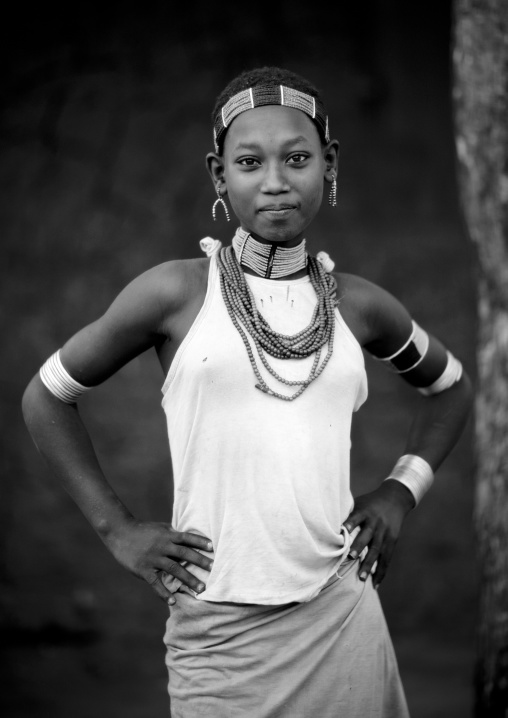 Black And White Portrait Of A Hamar Tribe Woman With Necklaces And Headband, Turmi, Omo Valley, Ethiopia