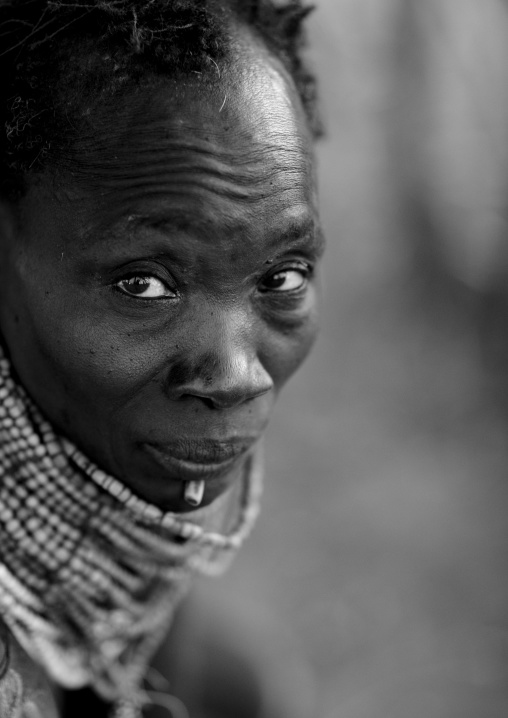 Black And White Portrait Of A Nyangatom Tribe Woman, Omo Valley, Kangate, Ethiopia
