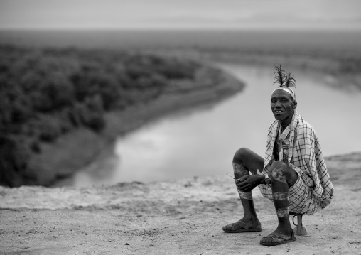 Karo Man Sitting Up The River Omo Valley Omo Valley Ethiopia