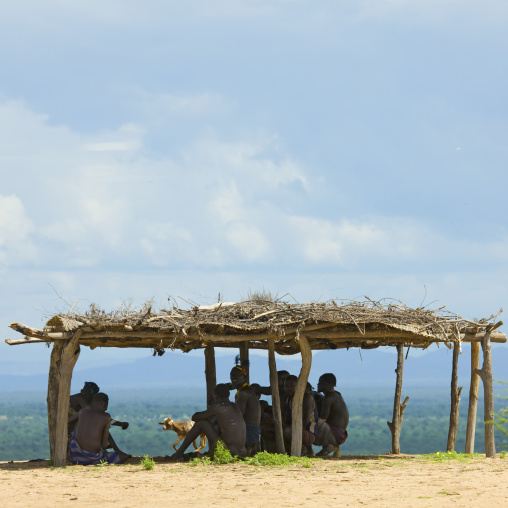 Karo Tribe Men Gathered Under A Chifo, Korcho Village, Ethiopia