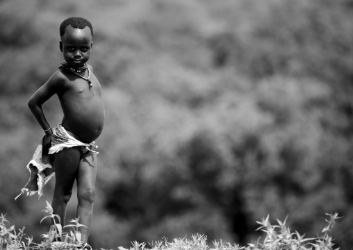 Black And White Portrait Of A Kid From Karo Tribe, Korcho Village, Omo Valley, Ethiopia