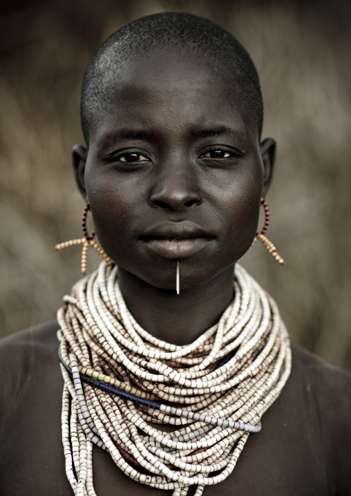 Shaved Head And Piercing Karo Woman Portrait Omo Valley Ethiopia