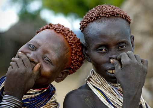 Portrait Of Laughing Karo Tribe Girls With Coffee Bean Hairstyle, Korcho Village, Ethiopia
