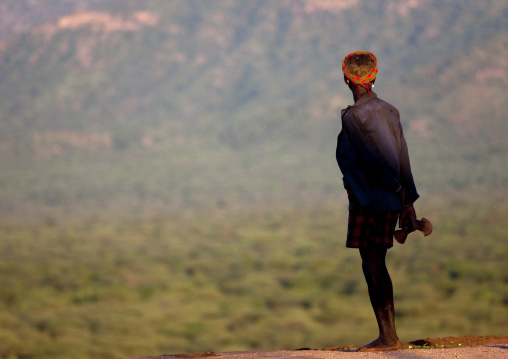 Karo Man Looking Landscape Omo Valley Ethiopia