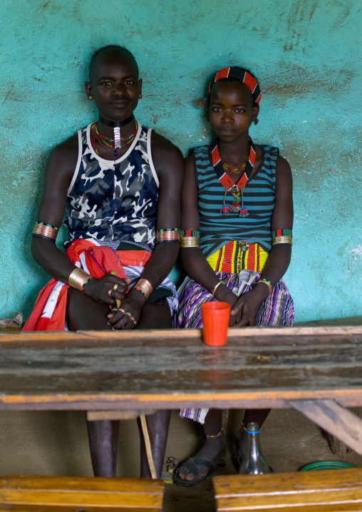 Portrait Of A Young Couple From Hamar Tribe In A Bar, Turmi, Omo Valley, Ethiopia
