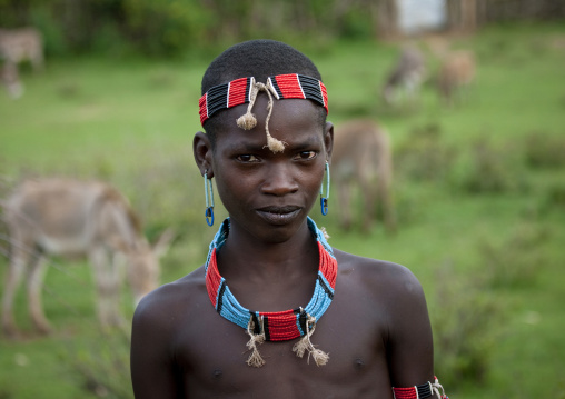 Portrait of a tsemay tribe teenage boy with beaded necklace, Omo valley, Ethiopia