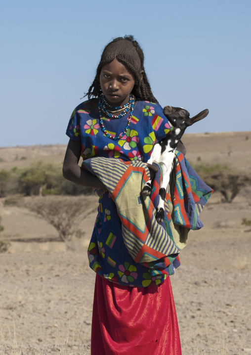 Afar girl carrying a goat, Assaita, Afar regional state, Ethiopia
