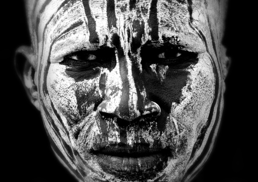 Close Up Black And White Portrait Of Karo Tribe Man With Body Paint, Korcho Village, Omo Valley, Ethiopia