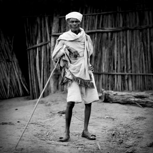 Black And White Portrait Of An Old Borana Tribe Man With Stick, Yabello, Ethiopia