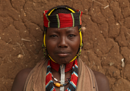 Portrait Of A Hamar Tribe Woman With Colourful Headband And Necklaces, Omo Valley, Turmi, Omo Valley, Ethiopia