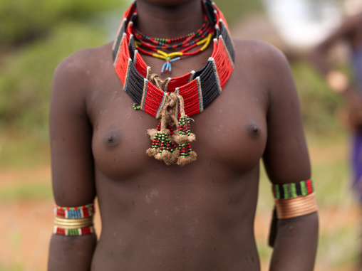 Naked Breasts And Beaded Necklace Of Hamer Young Woman Omo Valley Ethiopia