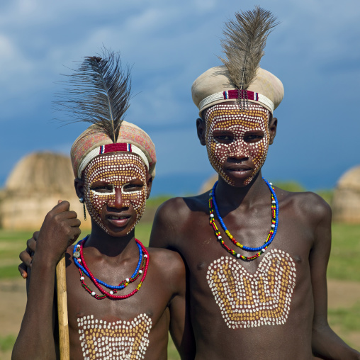 Two Arbore Tribe Children Painted Faces And Chests Posing, Omo Valley, Ethiopia