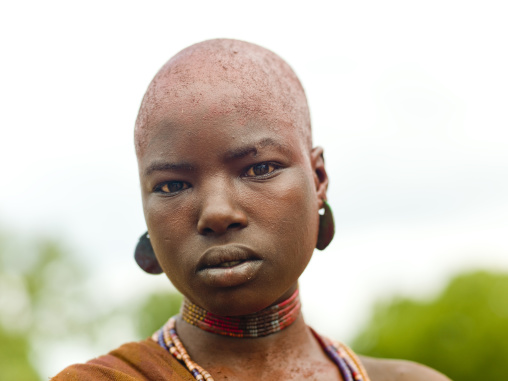 Shaved Ochre Dyed Hair hamer Tribe Woman Portrait during her uta times, Omo Valley, Ethiopia