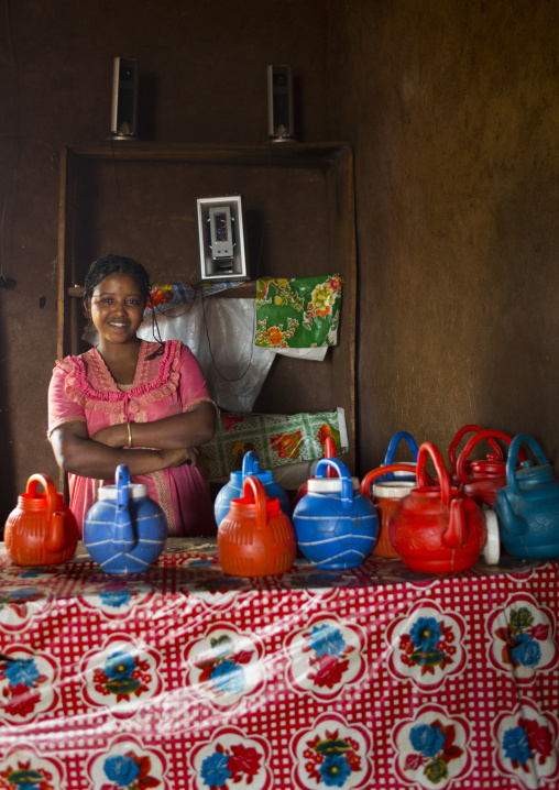 Woman Posing In A Coffee Shop, Jemu, Omo Valley, Ethiopia