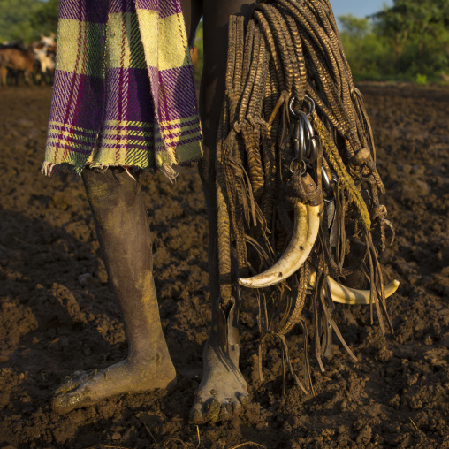 Bodi Tribe Kid, Holding Decorations For Cows Made With Warthog Teeth, Hana Mursi, Omo Valley, Ethiopia