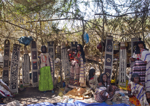 Group Of Karrayyu Tribe Women Standing In The House Built For The Gadaaa Ceremony Decorated With Pieces Of Leather Incrusted With Shells, Metehara, Ethiopia