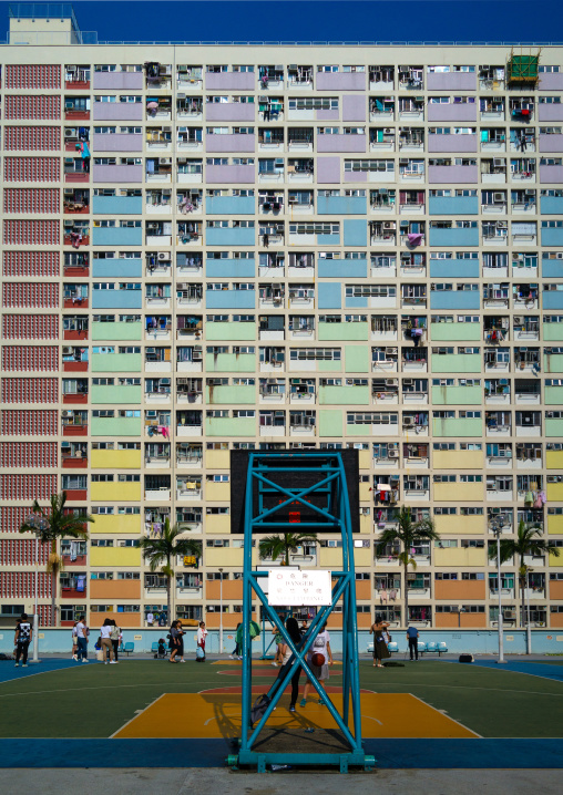 Basketball court in Choi Hung rainbow building, Kowloon, Hong Kong, China