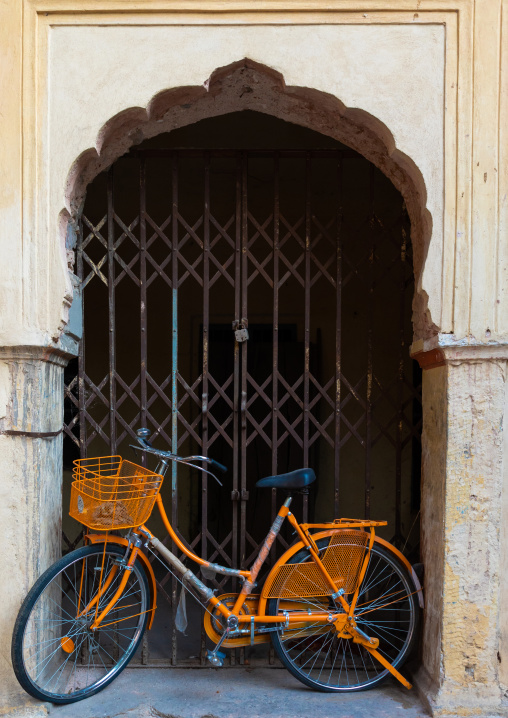 Orange bicycle parked in front of an indan door, Rajasthan, Jaipur, India