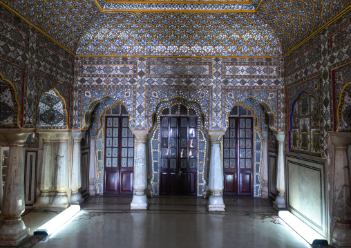 City palace room architecture interior with intricate glass artwork, Rajasthan, Jaipur, India