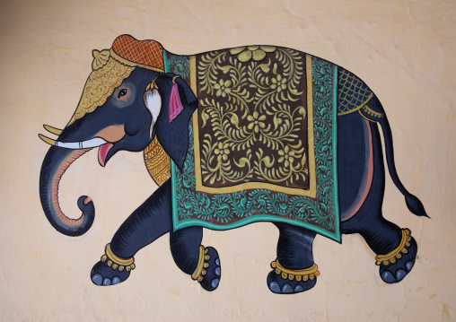 Murals depicting an elephant, Rajasthan, Jaipur, India