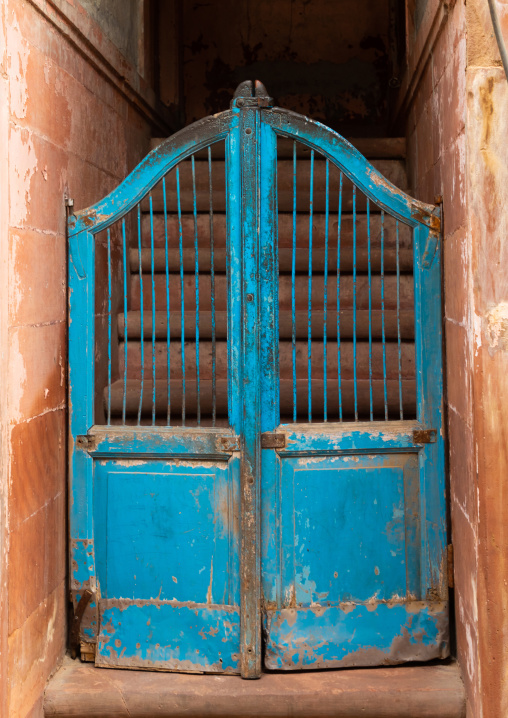 Beautiful blue wodden door of a haveli in the old city, Rajasthan, Bikaner, India
