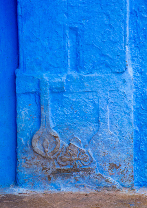 Decoration of an old blue house of a brahmin, Rajasthan, Bundi, India