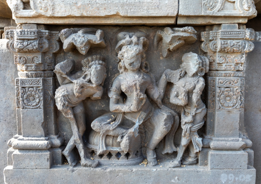 Carved idols with broken faces on the wall of Harshat Mata temple, Rajasthan, Abhaneri, India