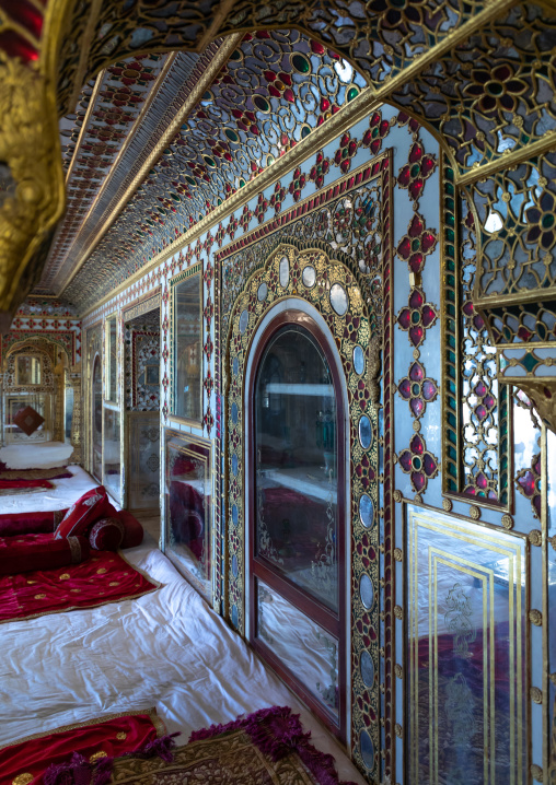 City palace room architecture interior with intricate glass artwork, Rajasthan, Jaipur, India