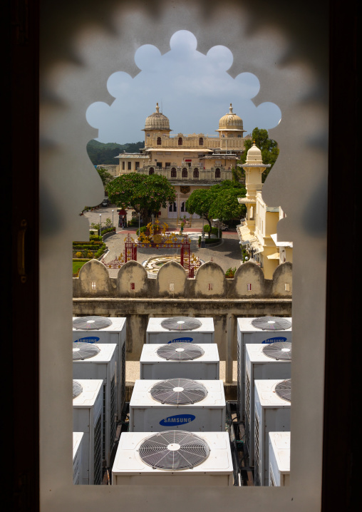 Window with a view on air conditioners in the city palace, Rajasthan, Udaipur, India