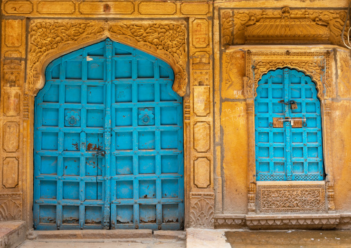 Blue door of an old haveli, Rajasthan, Jaisalmer, India