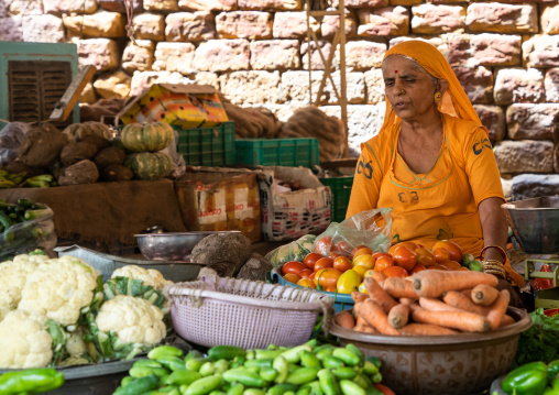 Indian woman selling vegetables in a market, Rajasthan, Jaisalmer, India